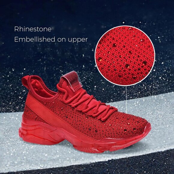 🆕 Red Rhinestone Mesh Slip-On Walking Shoes Fashion Glitter Breathable Sneaker - Picture 5 of 9